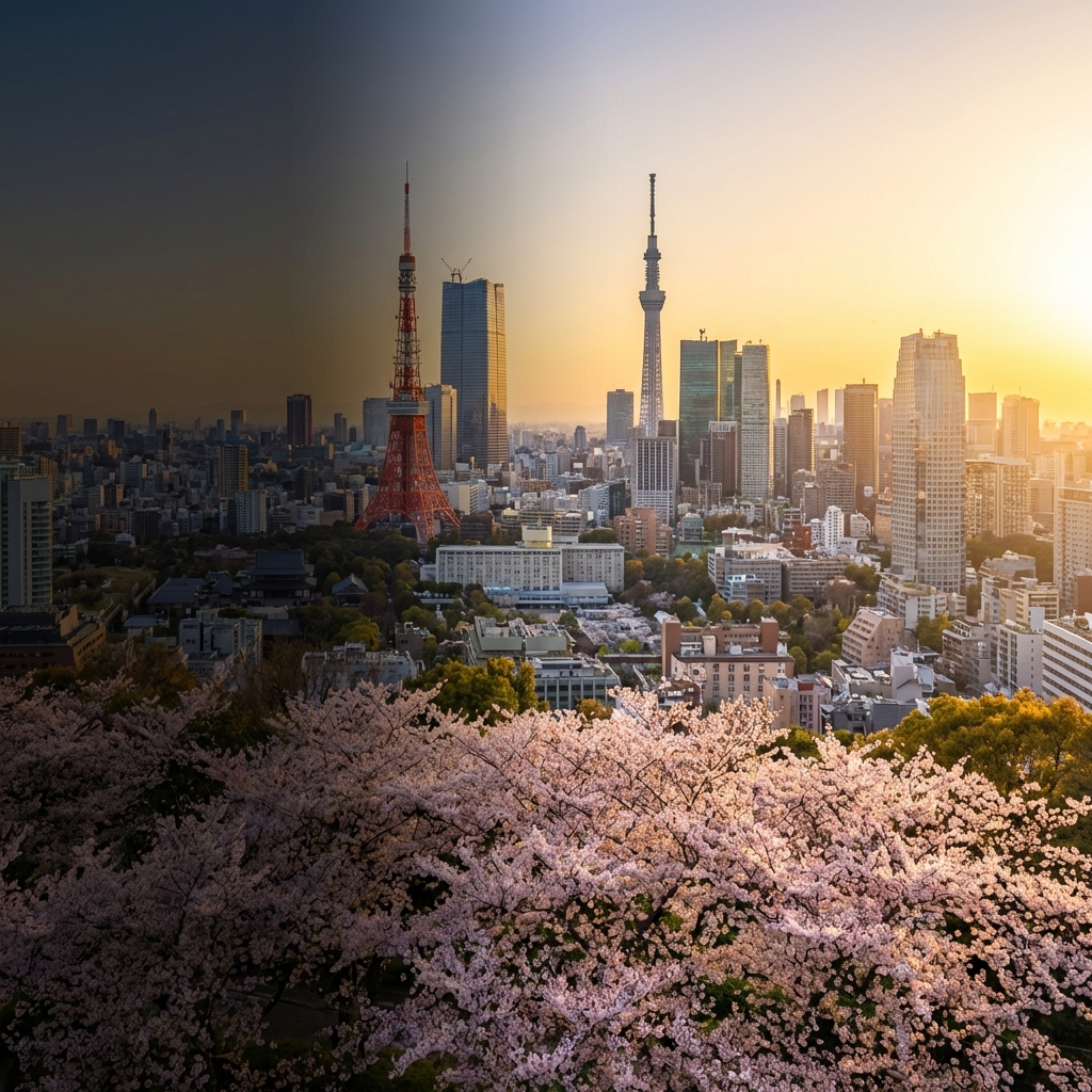 東京の夕景と桜